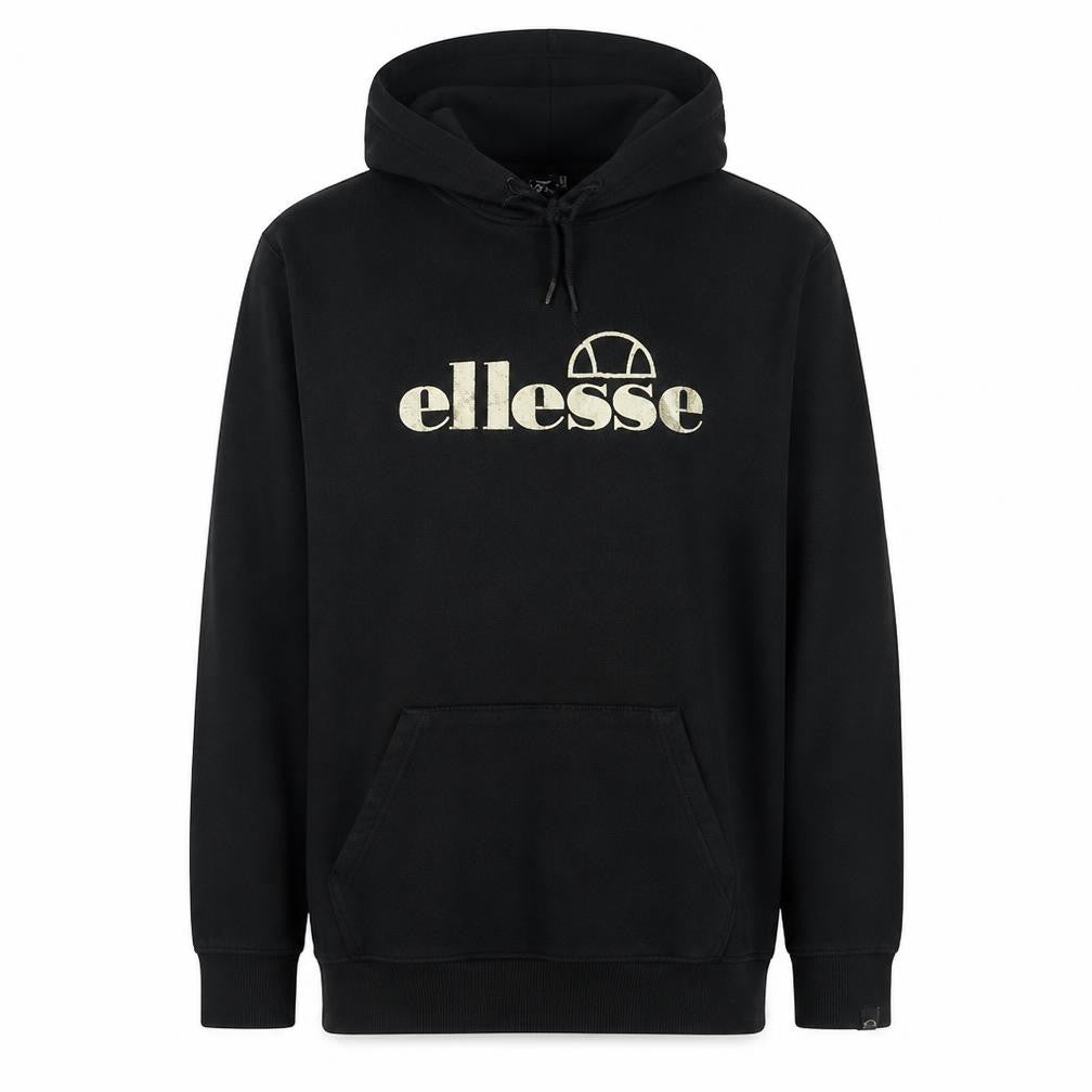 Front view of Ellesse men’s black pullover hoodie s gold logo sweatshirt