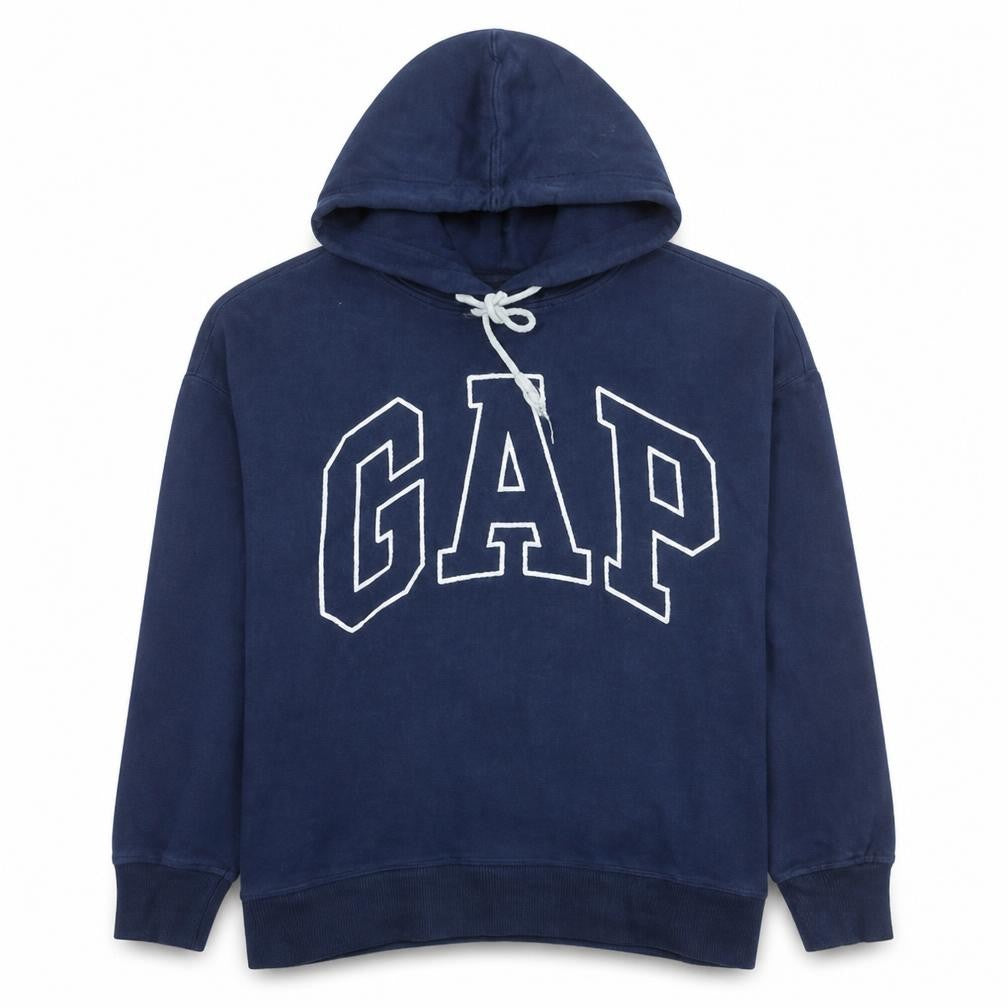 Front view of Gap women’s navy blue pullover hoodie large logo sweatshirt