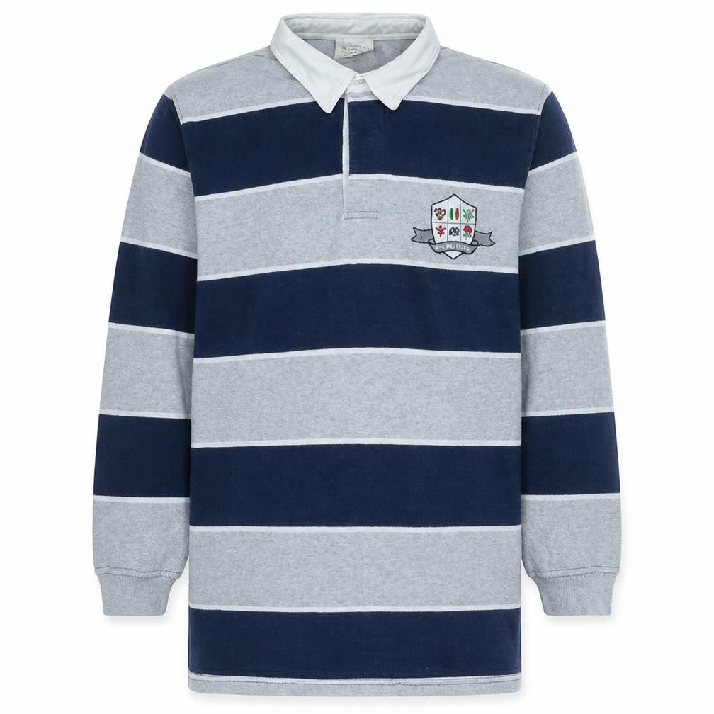 Front view of All Nations men’s grey blue rugby sweatshirt small long sleeve