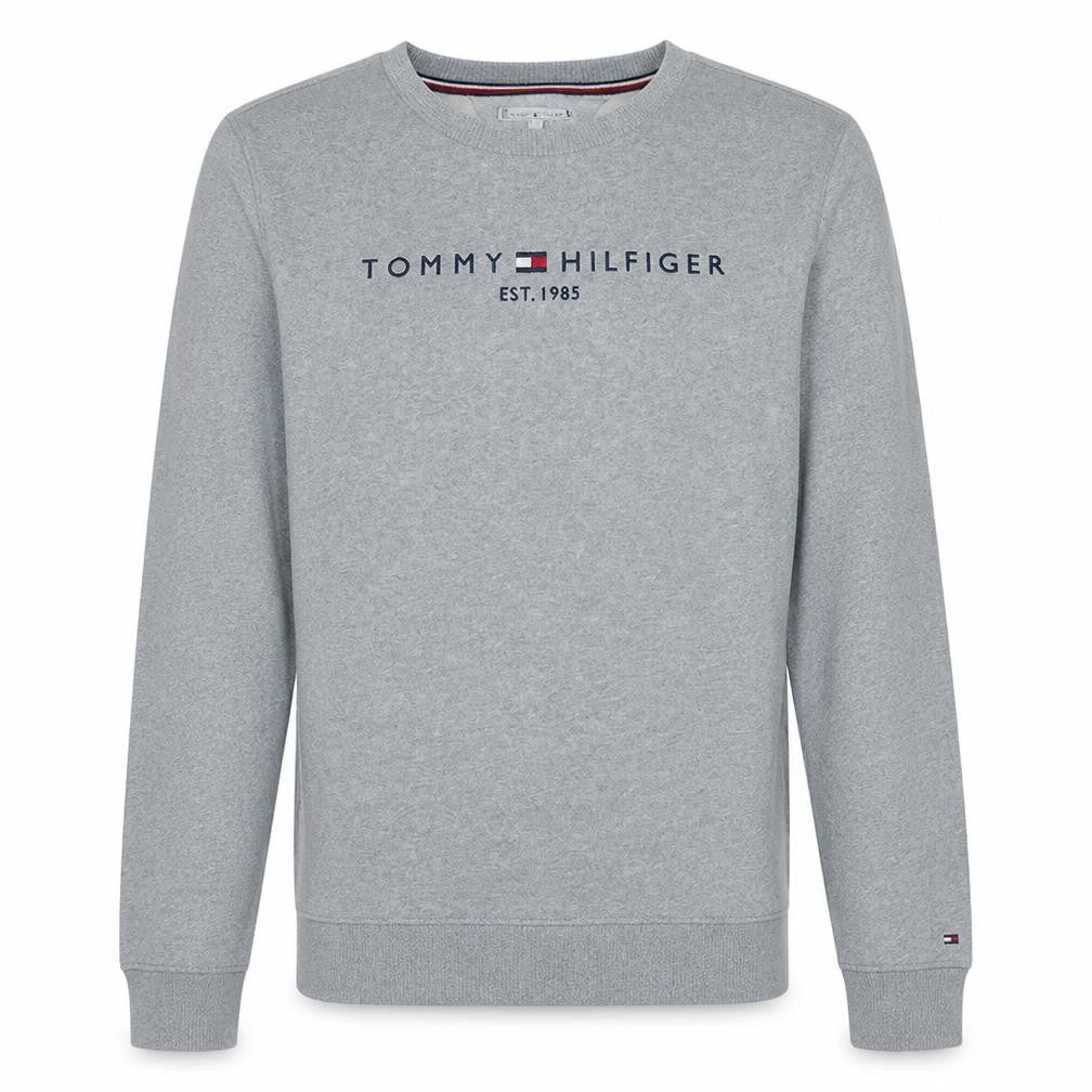 Front view of Tommy Hilfiger Men's Grey Cotton Crew Neck Logo Sweatshirt S