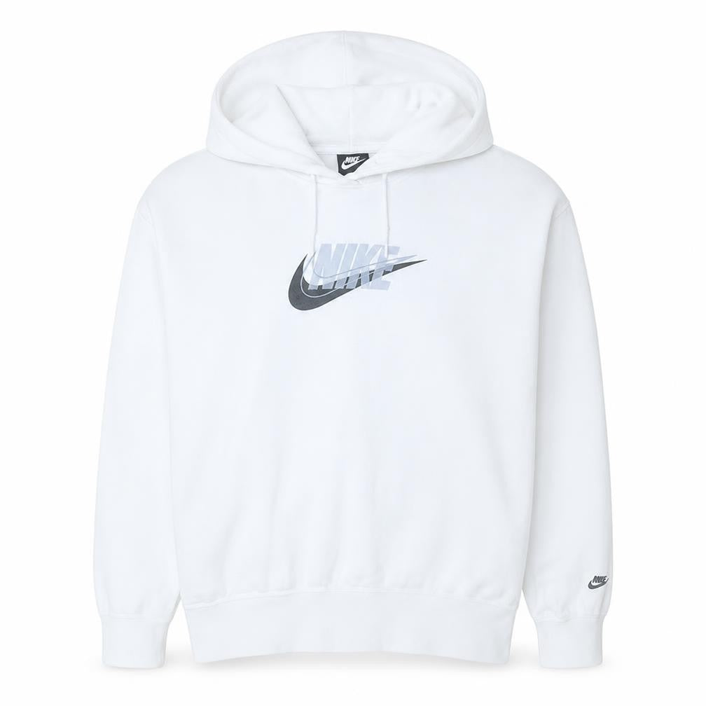 Front view of Nike Men's White Pullover Hoodie L Logo Graphic Fleece Sweatshirt