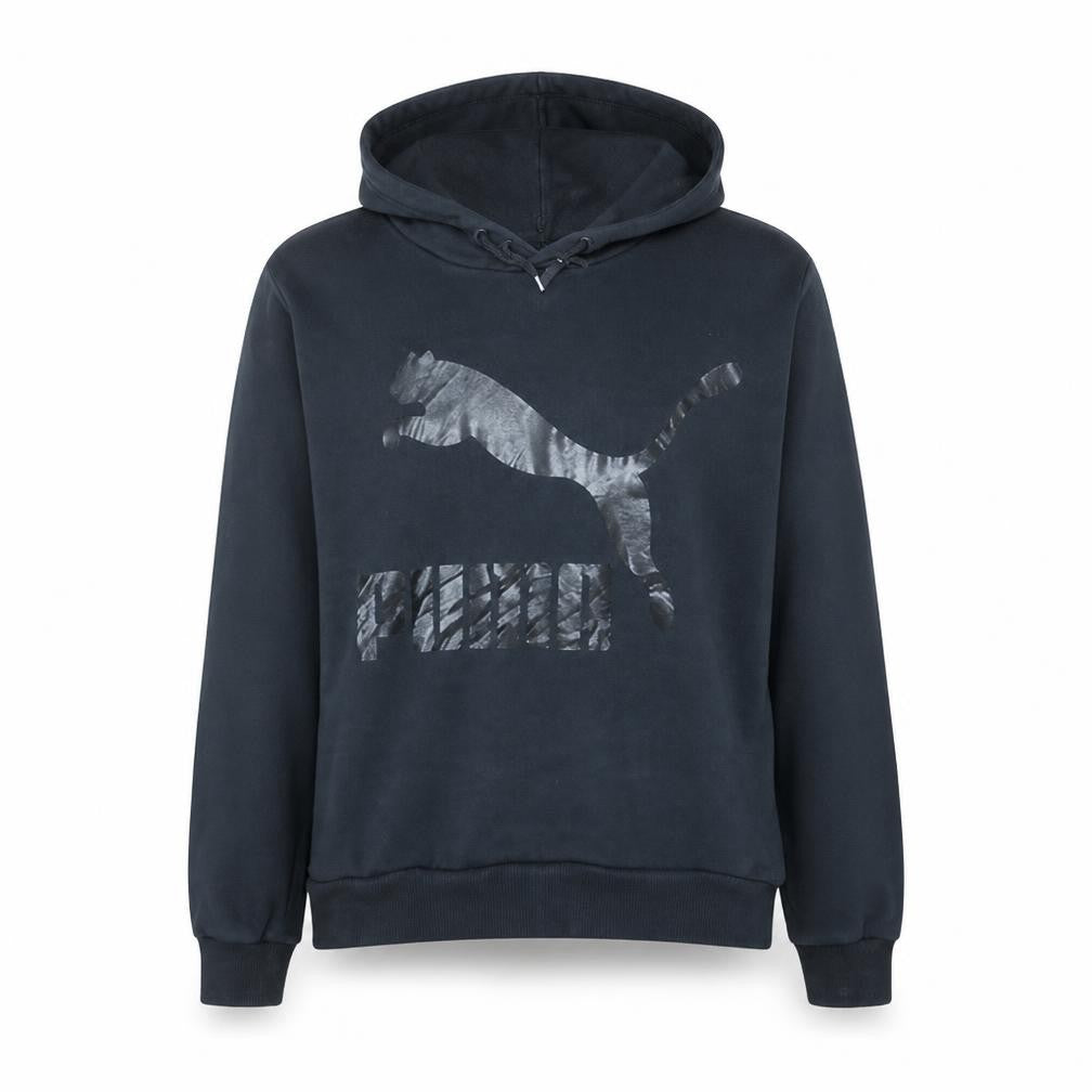 Front view of Puma Women's Black Pullover Hoodie Large Logo Sweatshirt