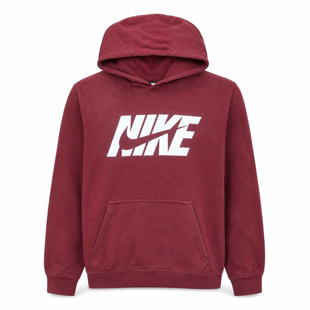Front view of Nike men’s red pullover hoodie sweatshirt, size M, regular fit sportswear