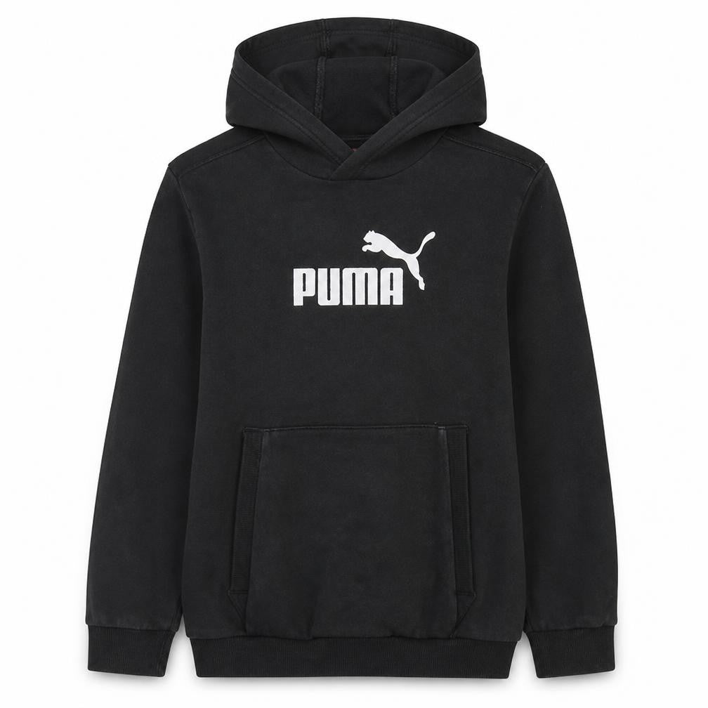 Front view of Puma boys’ black pullover hoodie 14 years logo graphic cotton blend