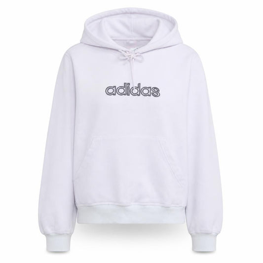 Front view of Adidas women’s pink pullover hoodie, size UK 10, cotton blend logo sweatshirt