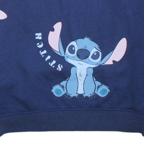 Disney Women Stitch Blue Pullover Hoodie L Graphic Print Cotton Blend
