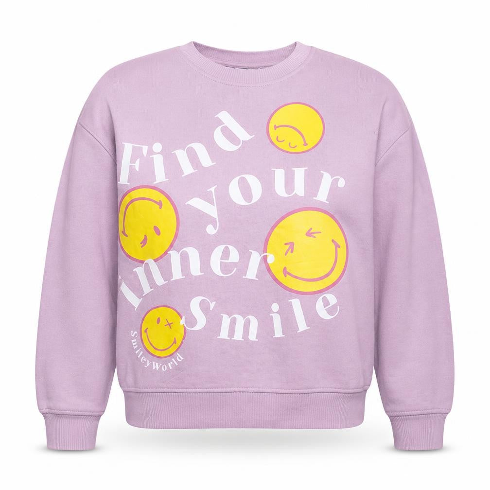 Front view of SmileyWorld Women's Pink Graphic Pullover Sweatshirt XS