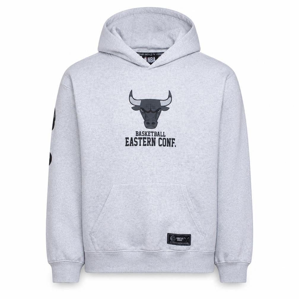Front view of NBA Chicago Bulls men’s grey pullover hoodie, size L