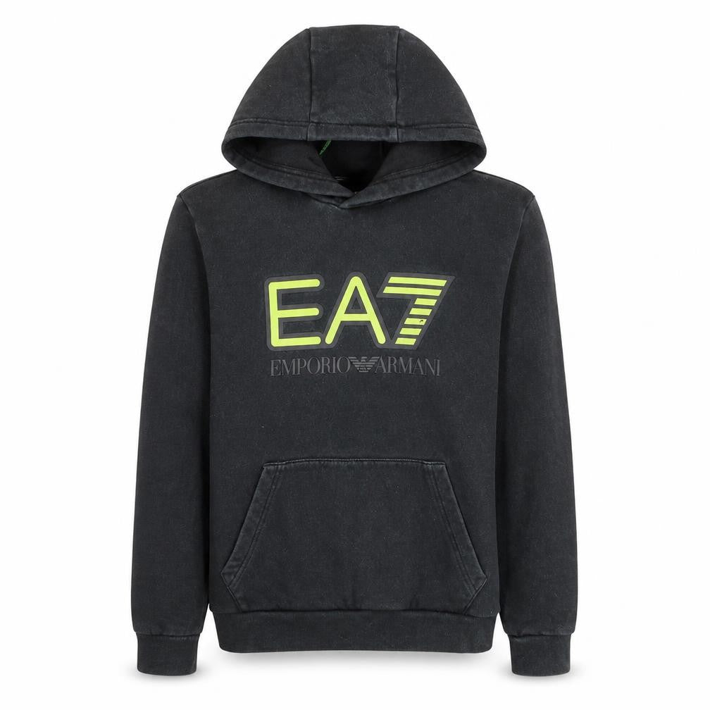 Front view of Emporio Armani EA7 Men's Black Pullover Hoodie, size S, Regular Fit