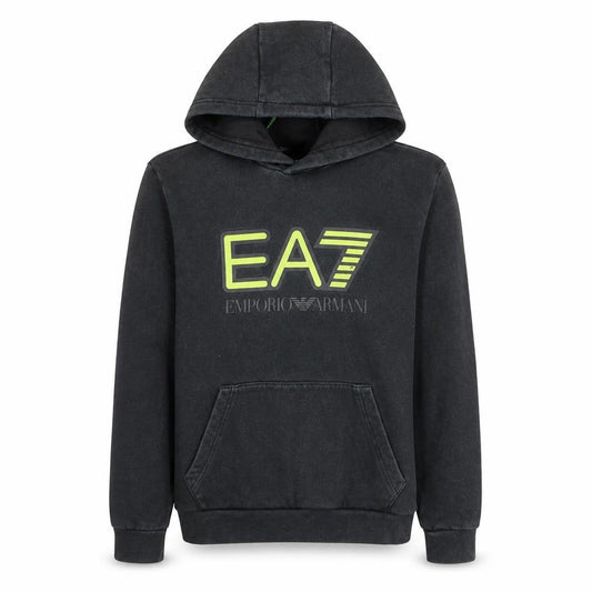 Front view of Emporio Armani EA7 Men's Black Pullover Hoodie, size S, Regular Fit