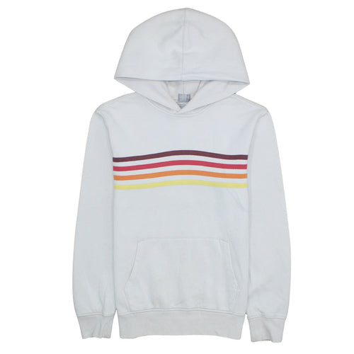 GAP Men's White Pullover Hoodie S Retro Rainbow Stripe Fleece Sweatshirt