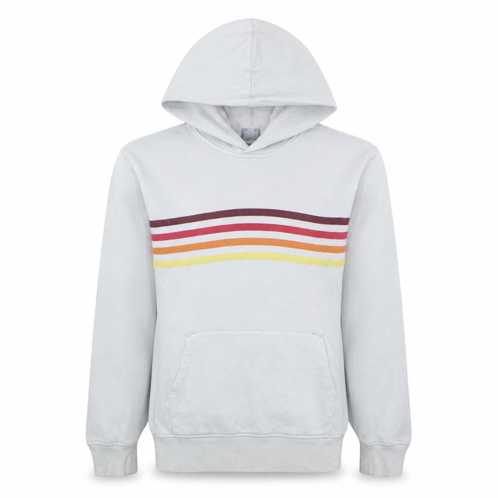 Front view of Gap Men's White Pullover Hoodie S Retro Rainbow Stripe Fleece Sweatshirt