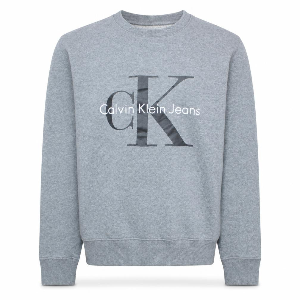 Front view of Calvin Klein Jeans Men's Grey Cotton Sweatshirt S Regular Fit