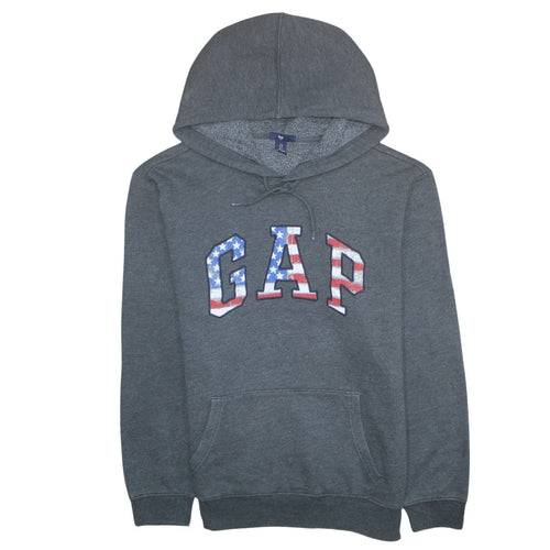 GAP Men's Grey Pullover Hoodie L USA Flag Logo Fleece Sweatshirt