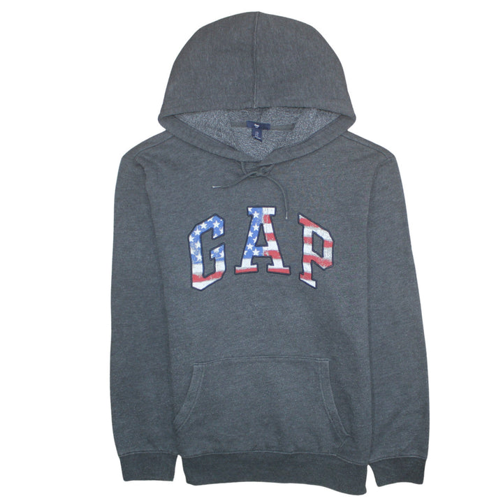 GAP Men's Grey Pullover Hoodie L USA Flag Logo Fleece Sweatshirt