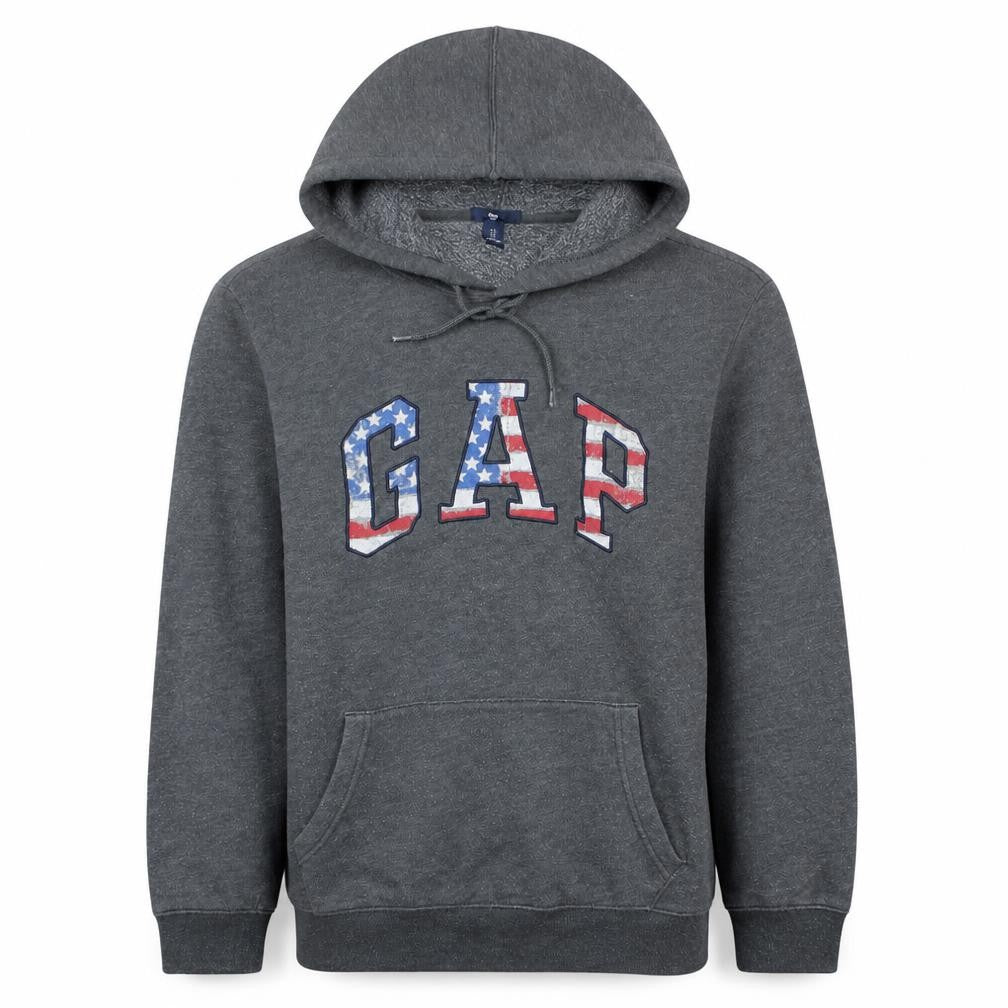 GAP Men's Grey Pullover Hoodie L USA Flag Logo Fleece Sweatshirt