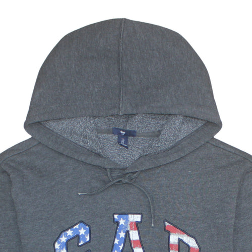 GAP Men's Grey Pullover Hoodie L USA Flag Logo Fleece Sweatshirt