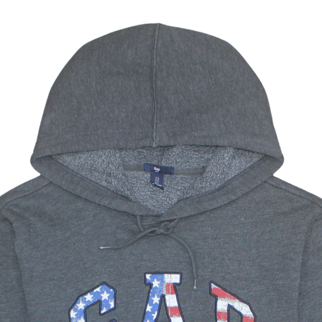 GAP Men's Grey Pullover Hoodie L USA Flag Logo Fleece Sweatshirt
