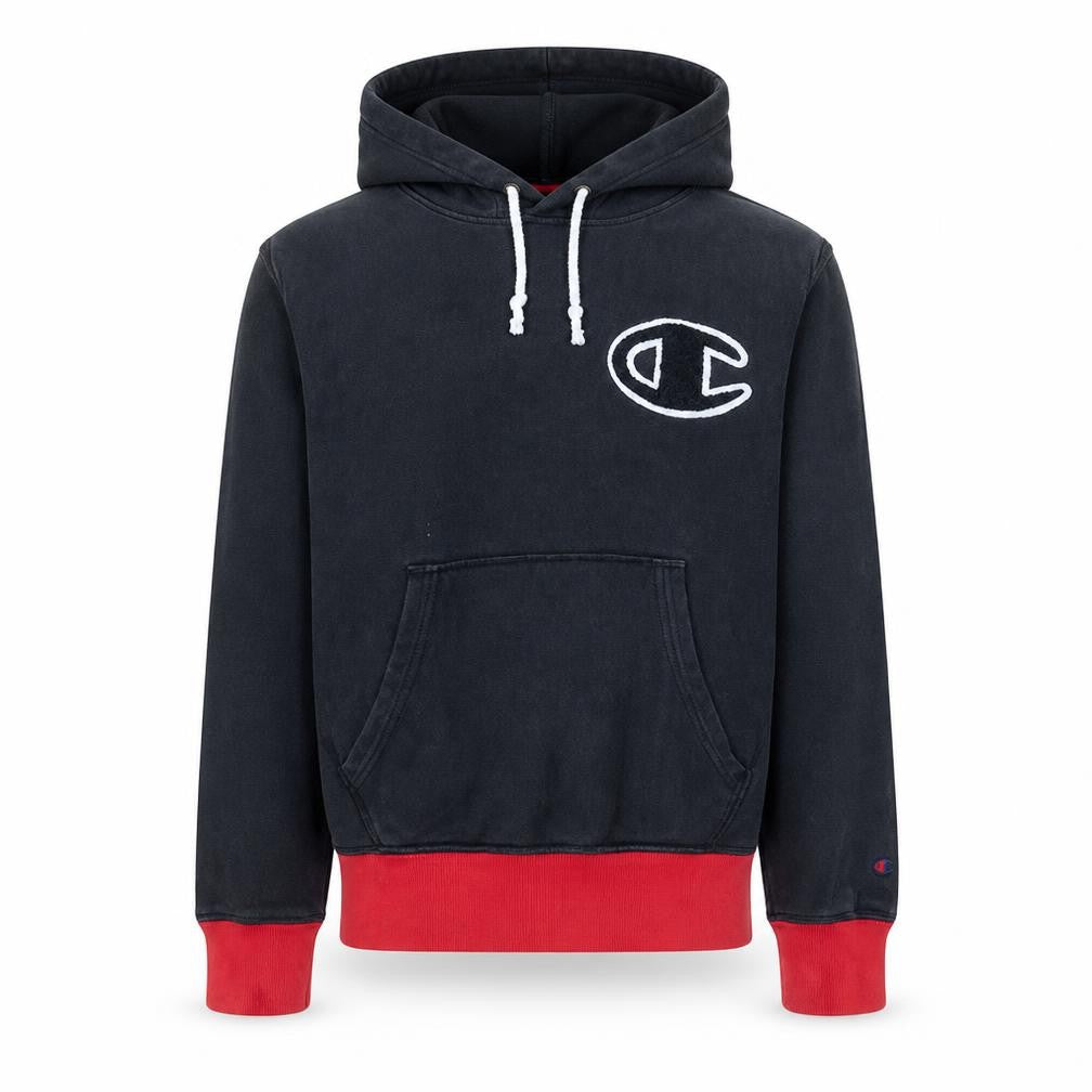 Front view of Champion Men’s Black Pullover Hoodie Medium Logo Cotton
