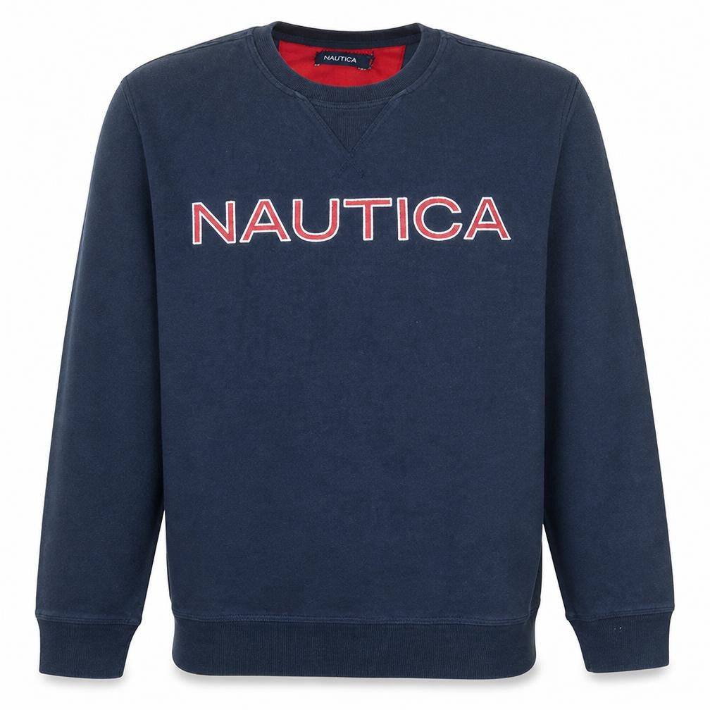 Front view of Nautica Men's Blue Crew Neck Pullover Sweatshirt L Embroidered Logo