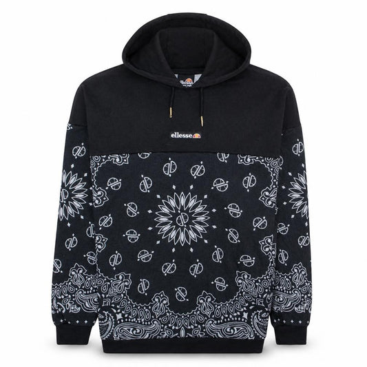 Front view of Ellesse women’s black paisley pullover hoodie, size UK 12, polyester