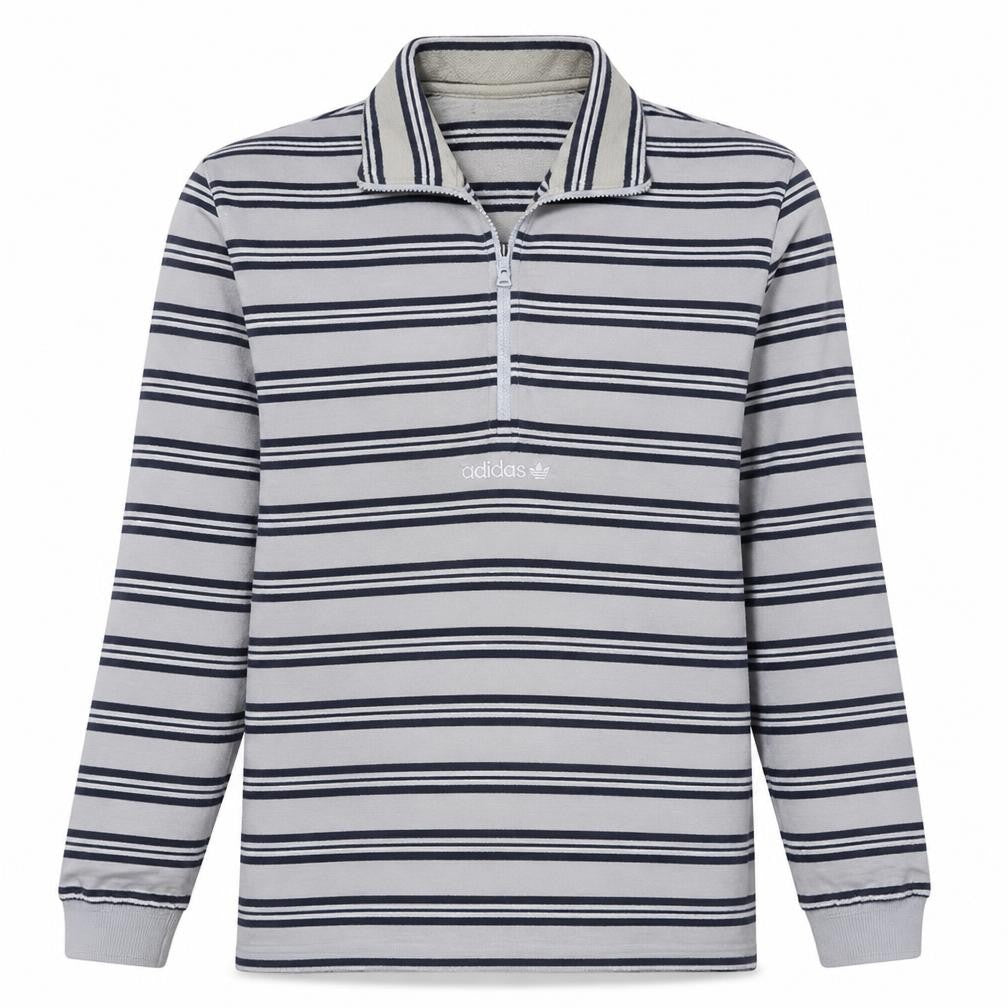 Front view of Adidas men’s grey striped 1/2 zip sweatshirt, size S, long sleeve