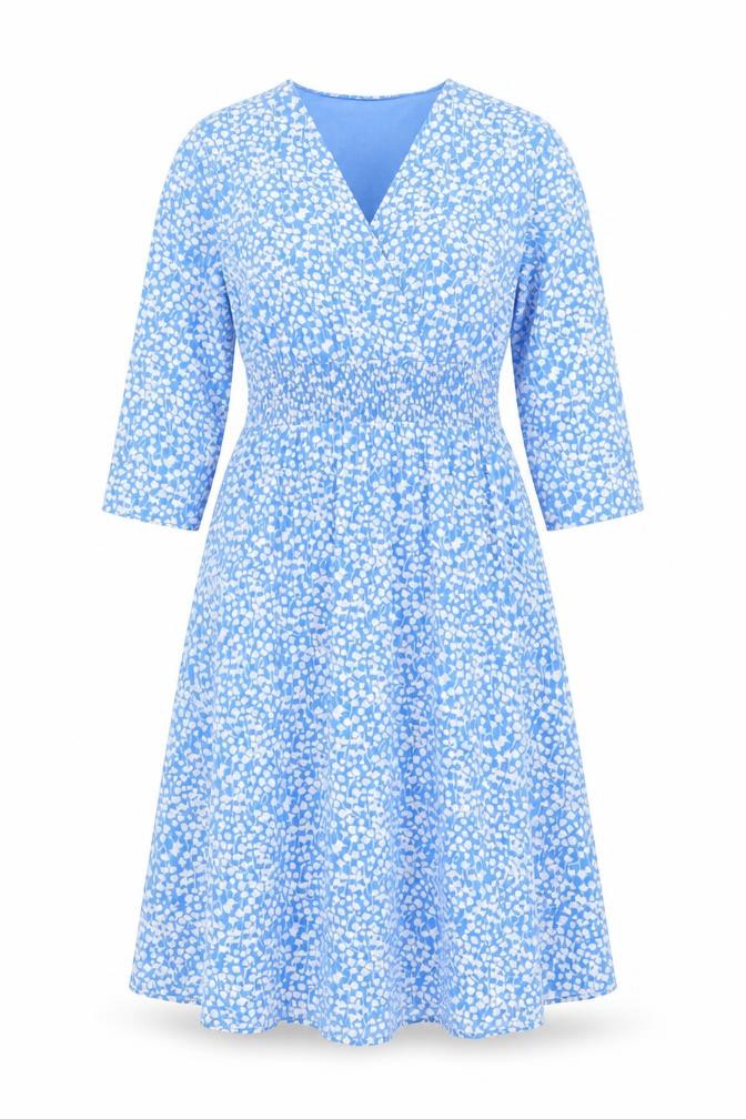 Emily & Me London Blue Floral V-Neck Ruched Wrap Women’s Dress L
