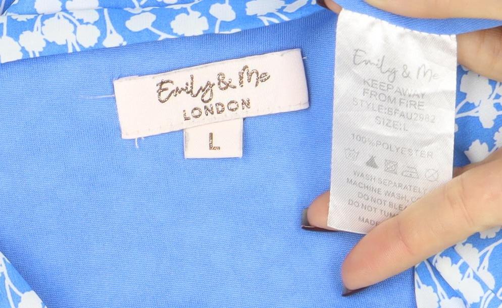 Emily & Me London Blue Floral V-Neck Ruched Wrap Women’s Dress L