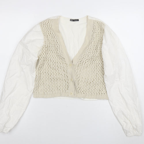 ZARA Women’s Ivory Open-Knit V-Neck Cardigan Size S
