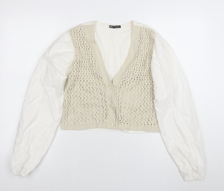 ZARA Women’s Ivory Open-Knit V-Neck Cardigan Size S