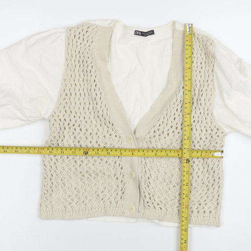 ZARA Women’s Ivory Open-Knit V-Neck Cardigan Size S