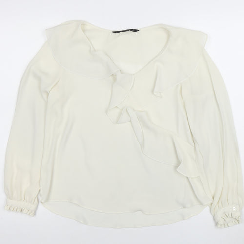 Zara Women Ivory Ruffle Long Sleeve Chiffon Blouse Size S