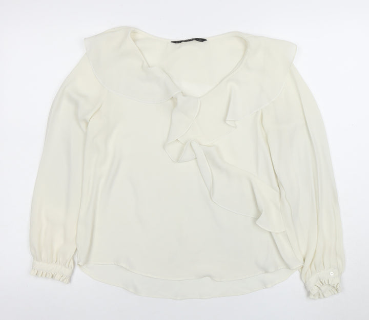 Zara Women Ivory Ruffle Long Sleeve Chiffon Blouse Size S