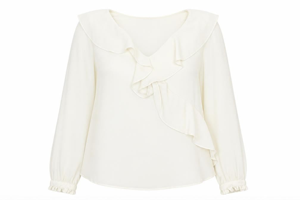 Front view of Zara Women Ivory Ruffle Long Sleeve Chiffon Blouse, size S