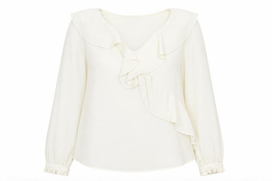 Front view of Zara Women Ivory Ruffle Long Sleeve Chiffon Blouse, size S
