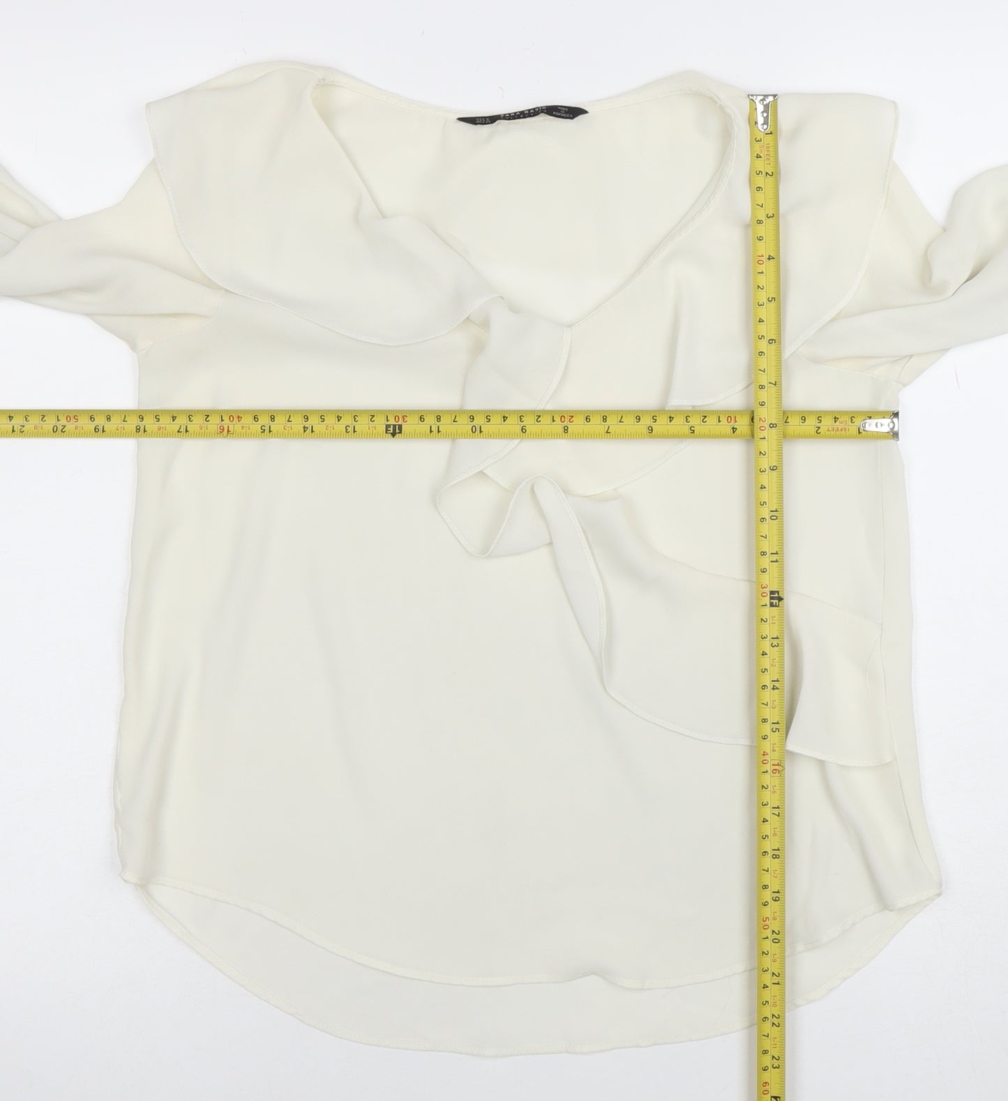 Zara Women Ivory Ruffle Long Sleeve Chiffon Blouse Size S