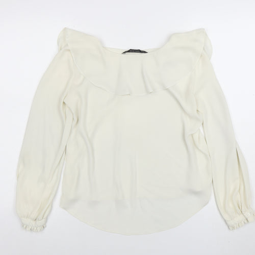 Zara Women Ivory Ruffle Long Sleeve Chiffon Blouse Size S