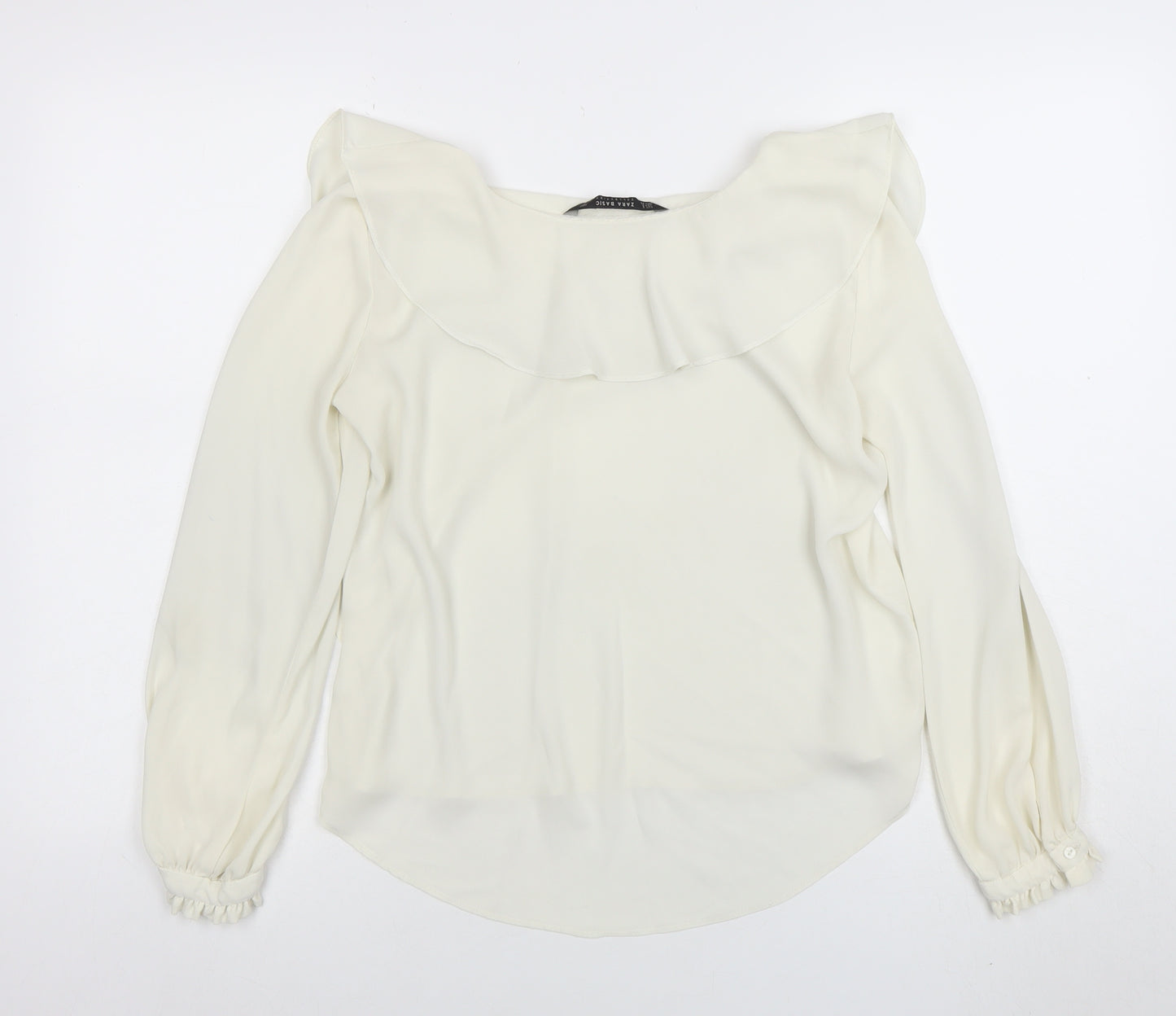 Zara Women Ivory Ruffle Long Sleeve Chiffon Blouse Size S