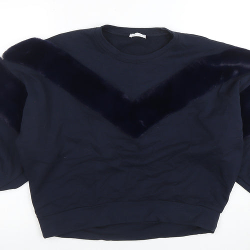 Funky Fun Women Blue Faux Fur Trim Pullover Sweatshirt Size 14