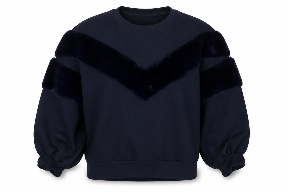 Front view of Funky Fun Women Blue Faux Fur Trim Pullover Sweatshirt, size 14