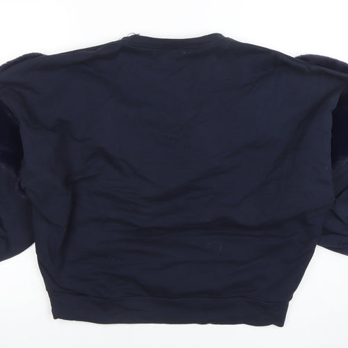 Funky Fun Women Blue Faux Fur Trim Pullover Sweatshirt Size 14