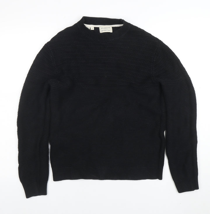 Selected Homme Men’s Black Cotton Knit Pullover Jumper Size M