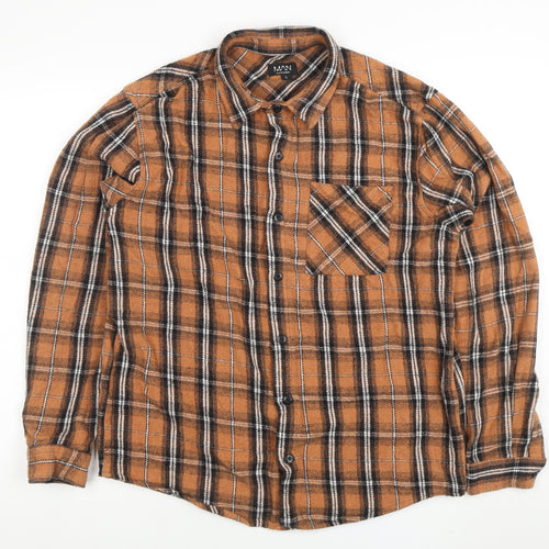 boohooMAN Men's Brown Plaid Long Sleeve Button-Up Flannel Shirt L