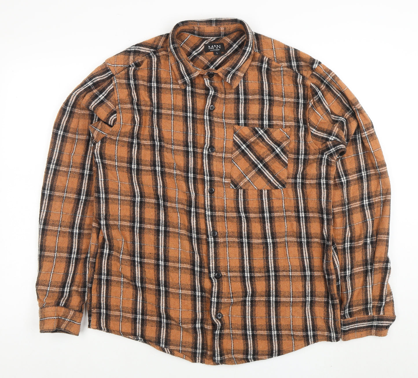 boohooMAN Men's Brown Plaid Long Sleeve Button-Up Flannel Shirt L