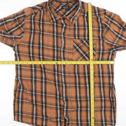 boohooMAN Men's Brown Plaid Long Sleeve Button-Up Flannel Shirt L