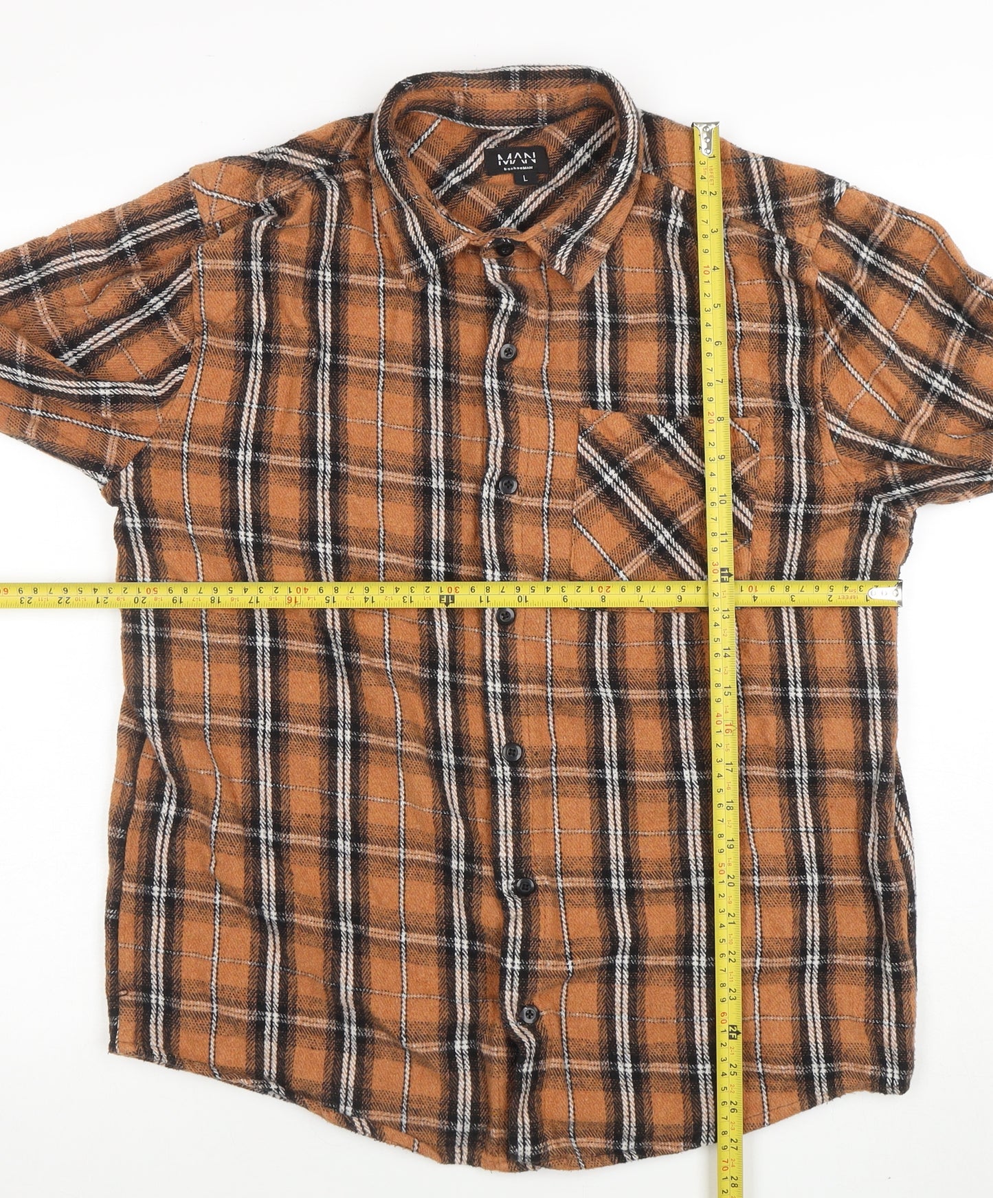 boohooMAN Men's Brown Plaid Long Sleeve Button-Up Flannel Shirt L