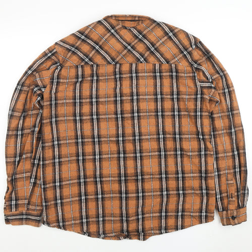 boohooMAN Men's Brown Plaid Long Sleeve Button-Up Flannel Shirt L