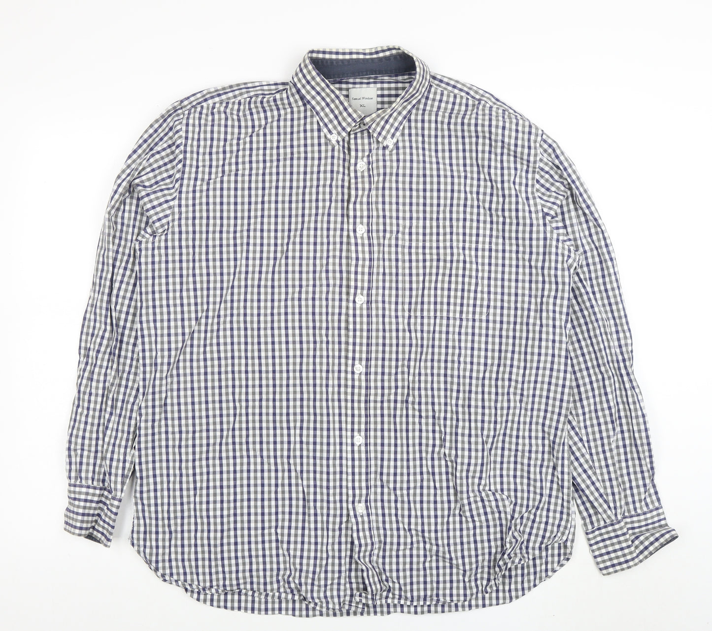 Samuel Windsor Men's Blue Check Long Sleeve Cotton Button-Up Shirt XL