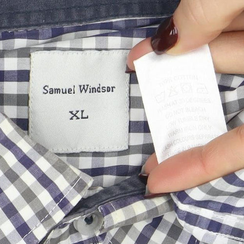 Samuel Windsor Men's Blue Check Long Sleeve Cotton Button-Up Shirt XL