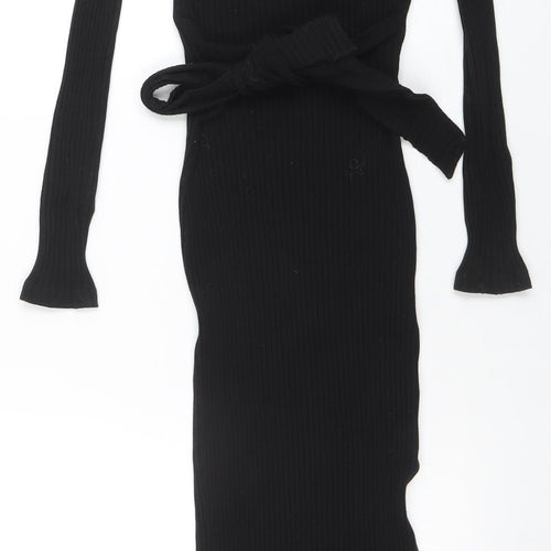 Topshop Women Black Bodycon Ribbed Midi Dress Size 8 Long Sleeve